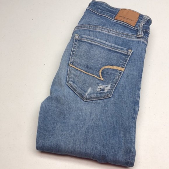 FACTORY DISTRESS AMERICAN EAGLE HI-RISE DENIM JEGGINGS 00/24x28 🦅 - Picture 1 of 11